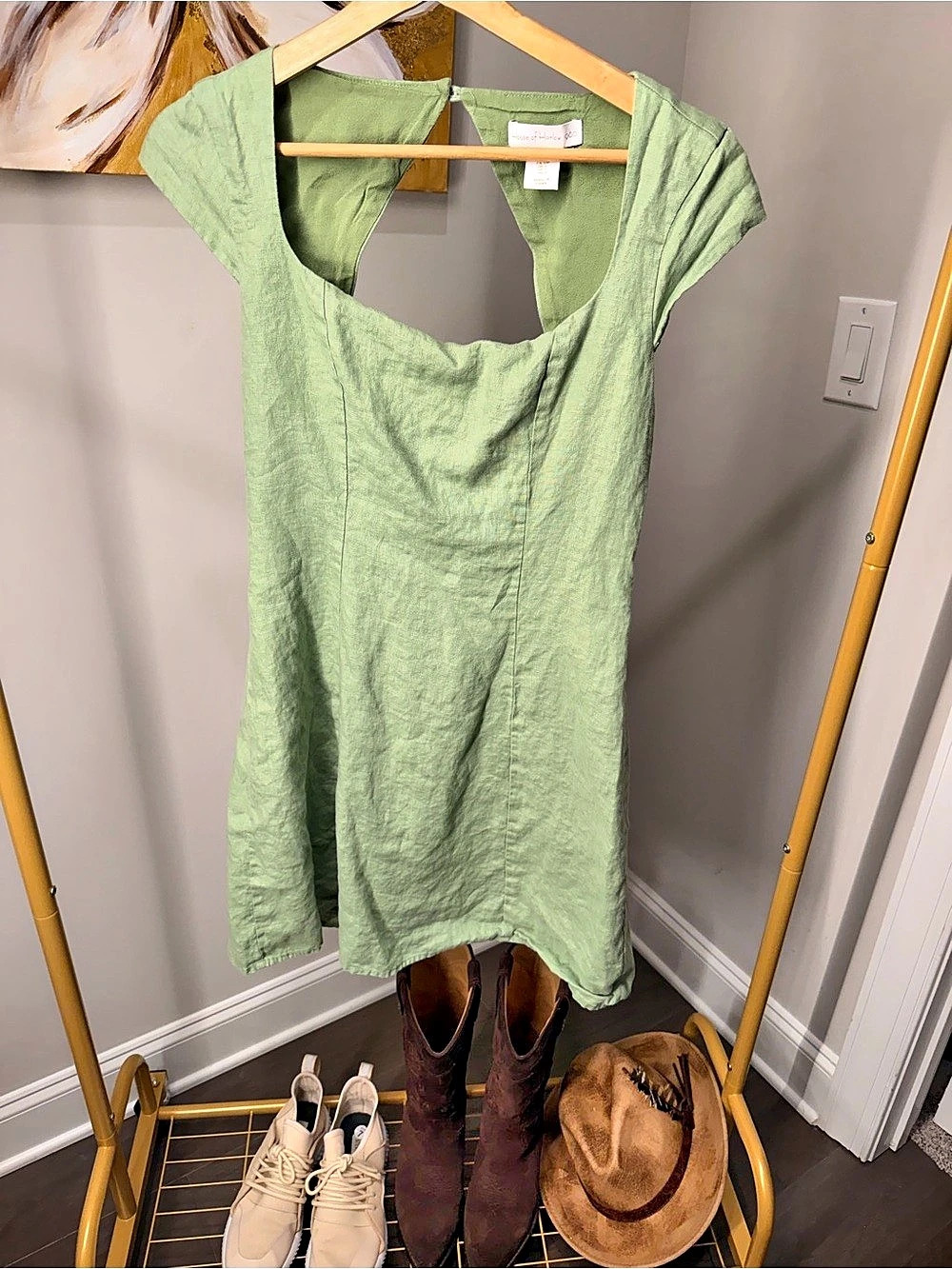 House of Harlow 1960 Linen Mini Dress in Green Size Small Like New